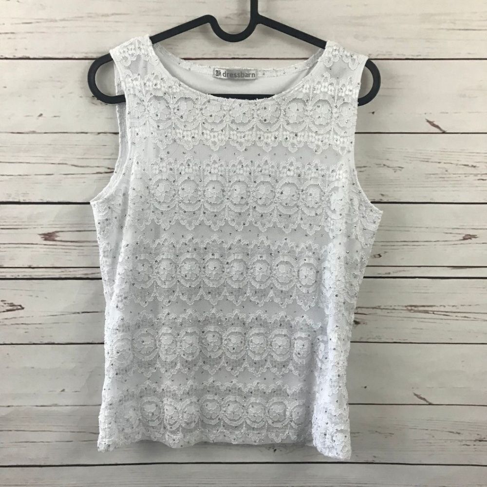 Dress Barn‎ white lace sleeveless top w/rhinestones